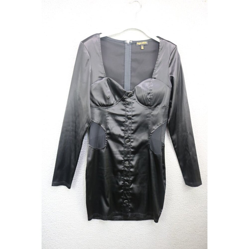 Kaylee Kollection Long Sleeve Black Satin Cut-Out Dress-Large-Whimsigoth-Goth